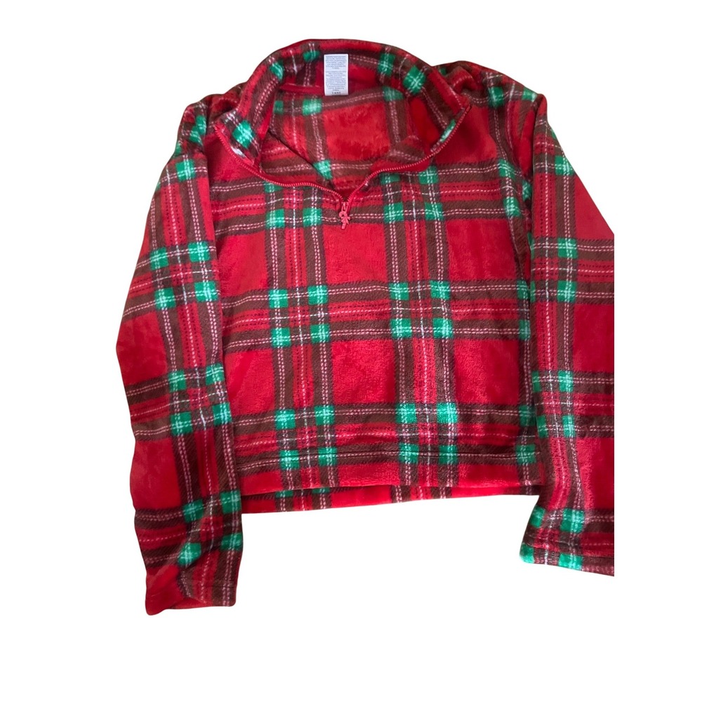 No Boundaries  Green Plaid Fleece Quarter Zip Cropped‎ Pullover Sweater Womens M